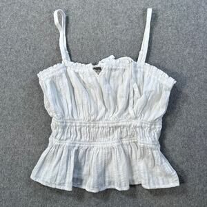 Promesa White Gauzy Tank Top Size Medium Peplum Ruched Waist Keyhole Tie at Neck